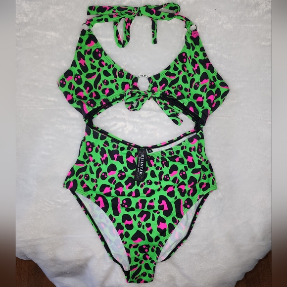 Killstar Green and Pink Leopard One Piece Swimsuit - Picture 1 of 7